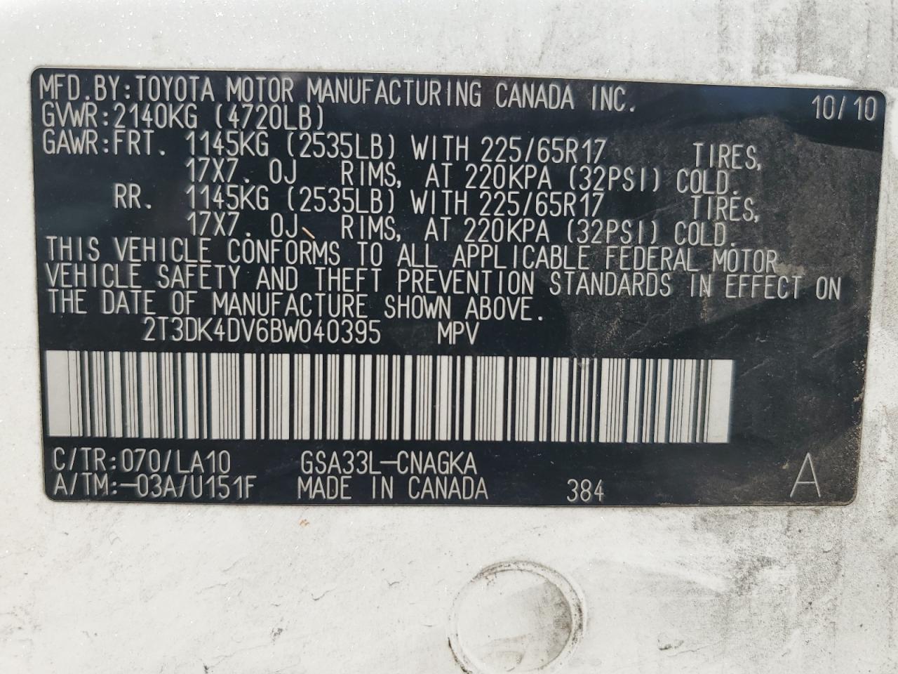 2011 Toyota RAV 4 VIN 2T3DK4DV6BW040395 Copart auction photo, front end damage thumbnail 14