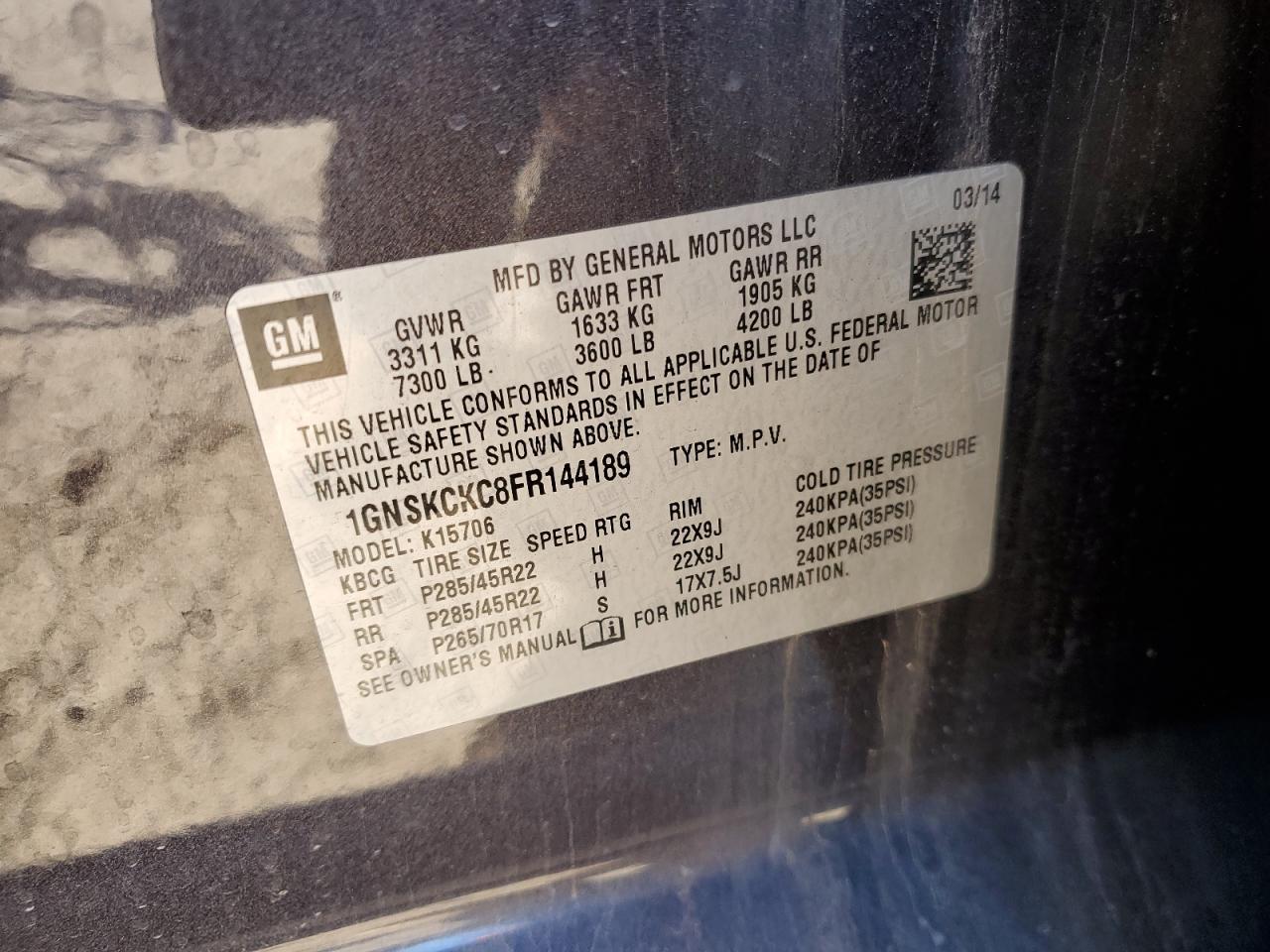 2015 Chevrolet Tahoe VIN 1GNSKCKC8FR144189 Copart auction photo, undercarriage / front end damage thumbnail 14