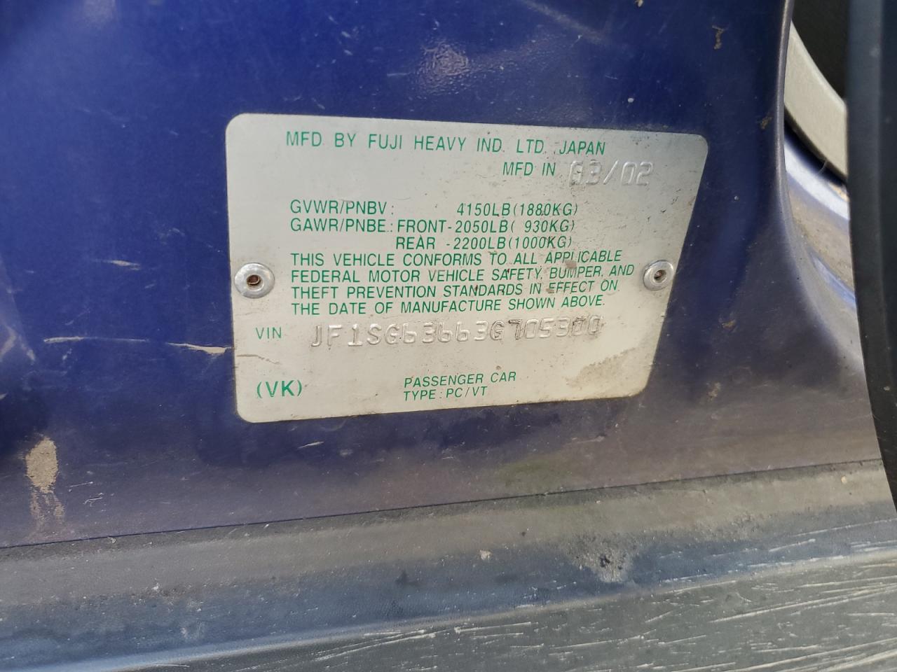 2003 Subaru Forester VIN JF1SG63663G705300 Copart auction photo, front end / rear end damage thumbnail 14