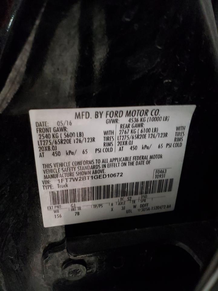 2016 Ford F250 VIN 1FT7W2BT1GED10672 Copart auction photo, front end damage thumbnail 12
