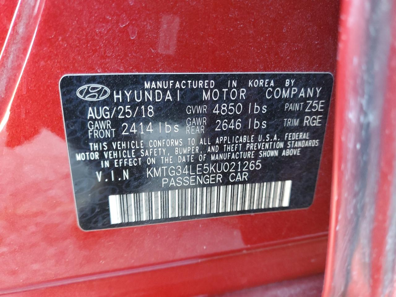 2019 Genesis G70 VIN KMTG34LE5KU021265 Copart auction photo, front end / rear end damage thumbnail 12