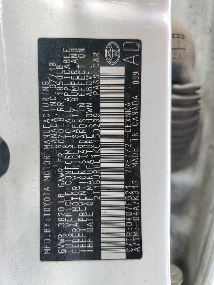 2019 Toyota Corolla VIN 2T1BURHE1KC150239 Copart auction photo, rear end / front end damage thumbnail 14