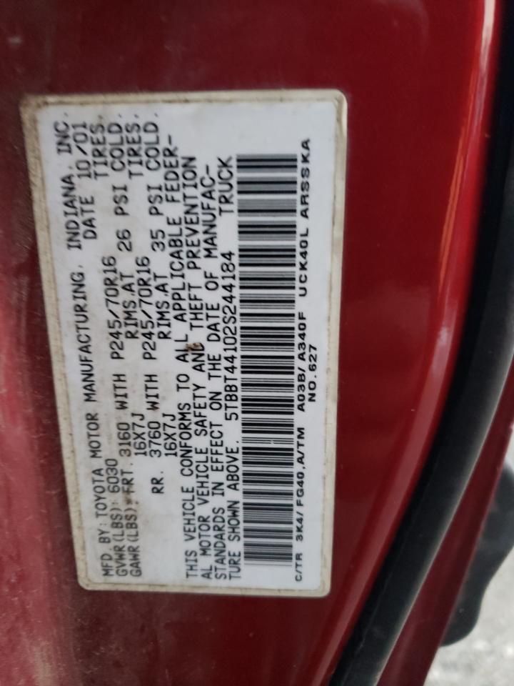 2002 Toyota Tundra VIN 5TBBT44102S244184 Copart auction photo, front end / minor dent/scratches damage thumbnail 12