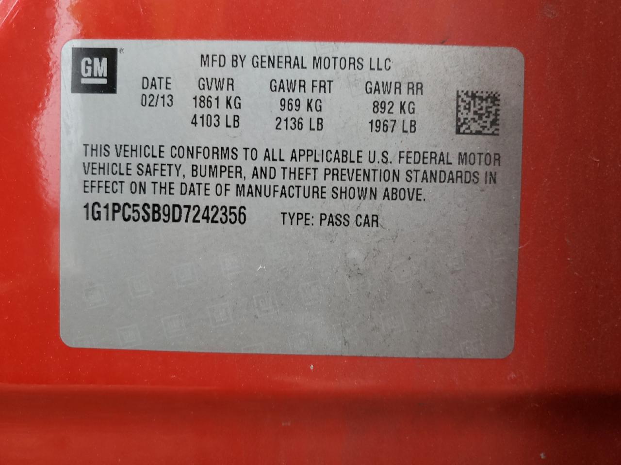 2013 Chevrolet Cruze VIN 1G1PC5SB9D7242356 Copart auction photo, rear end / front end damage thumbnail 12