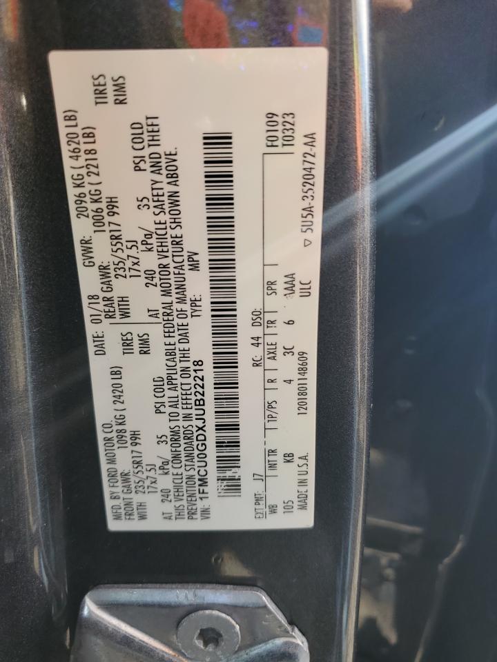2018 Ford Escape VIN 1FMCU0GDXJUB22218 Copart auction photo, front end damage thumbnail 13