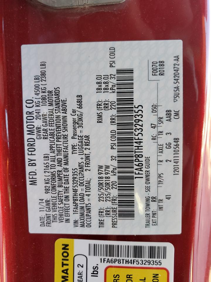 2015 Ford Mustang VIN 1FA6P8TH4F5329355 Copart auction photo, front end damage thumbnail 14