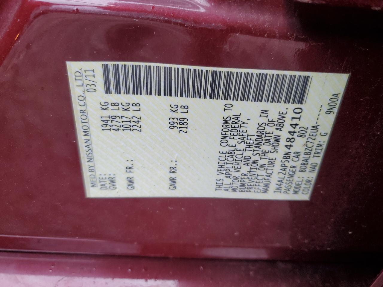 2011 Nissan Altima VIN 1N4AL2AP5BN484410 Copart auction photo, all over damage thumbnail 12