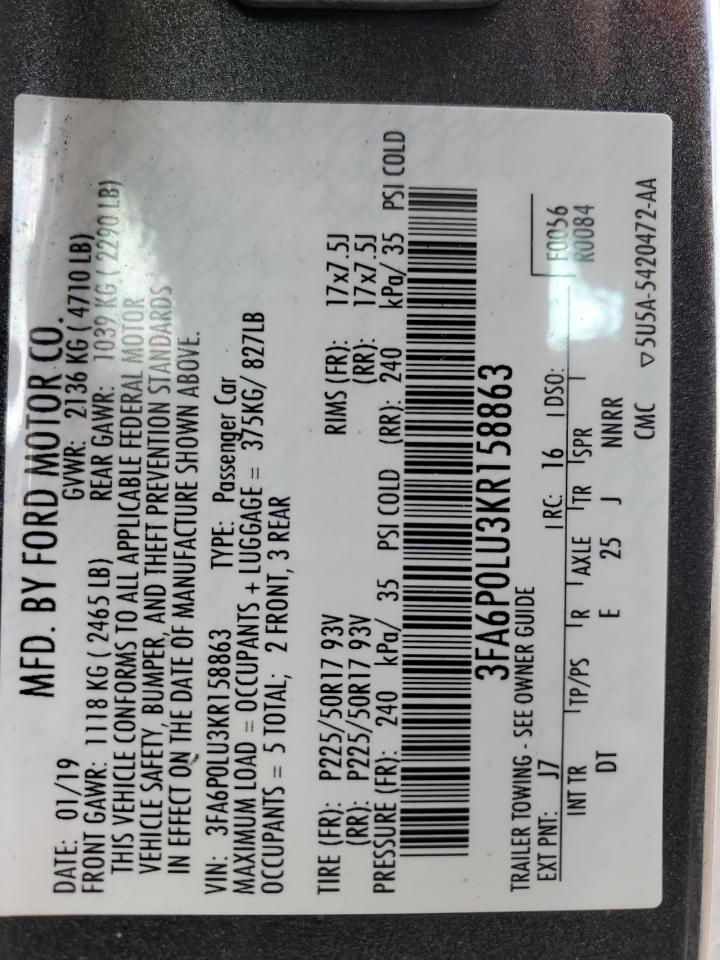 2019 Ford Fusion VIN 3FA6P0LU3KR158863 Copart auction photo, front end damage thumbnail 12