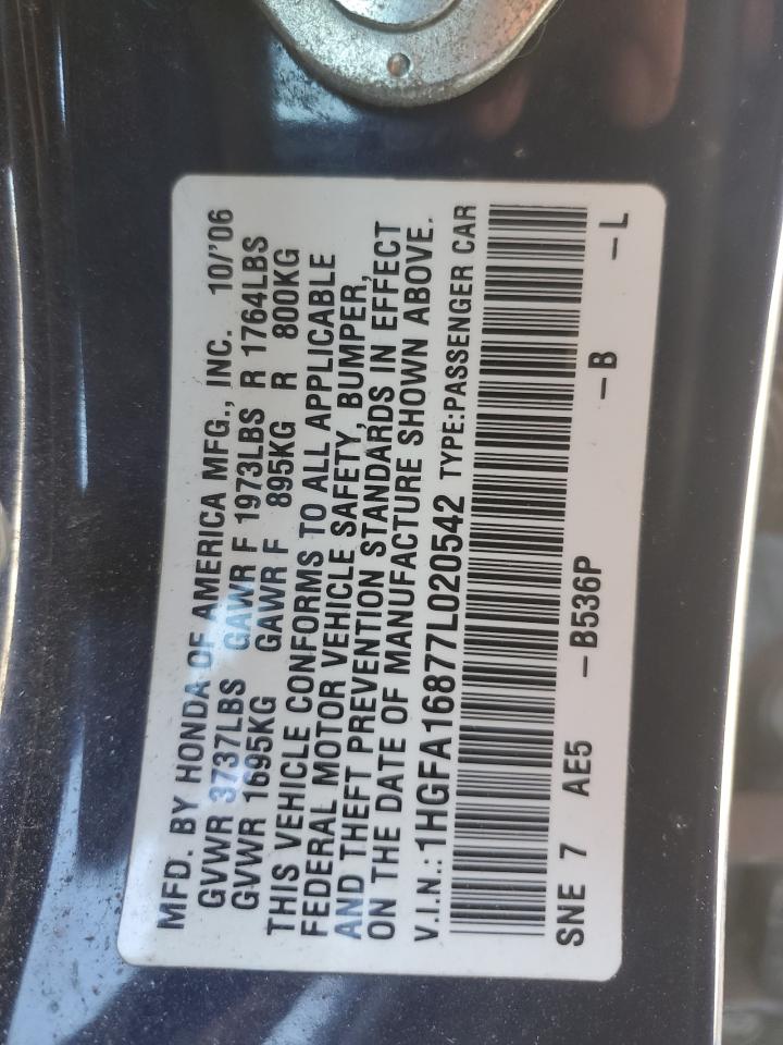 2007 Honda Civic VIN 1HGFA16877L020542 Copart auction photo, side damage thumbnail 14