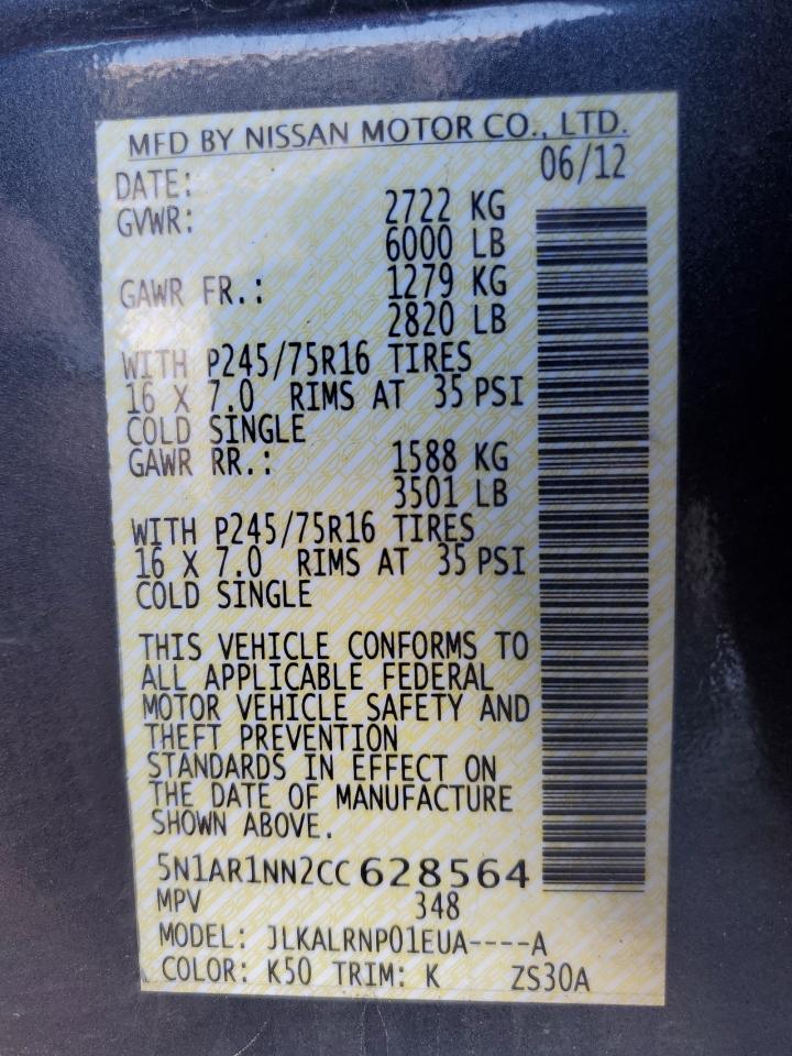 2012 Nissan Pathfinder VIN 5N1AR1NN2CC628564 Copart auction photo, side damage thumbnail 13