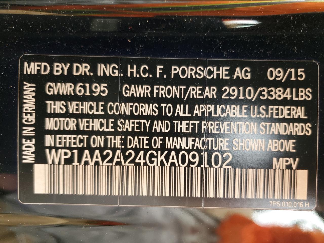 2016 Porsche Cayenne VIN WP1AA2A24GKA09102 Copart auction photo, front end damage thumbnail 14