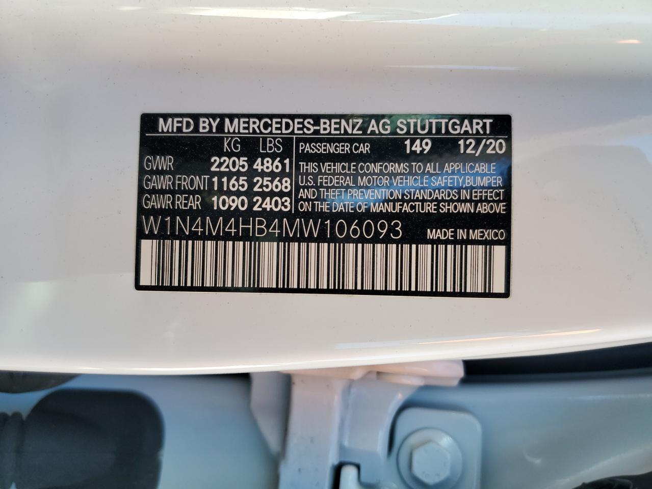 2021 Mercedes-Benz GLB VIN W1N4M4HB4MW106093 Copart auction photo, front end damage thumbnail 14