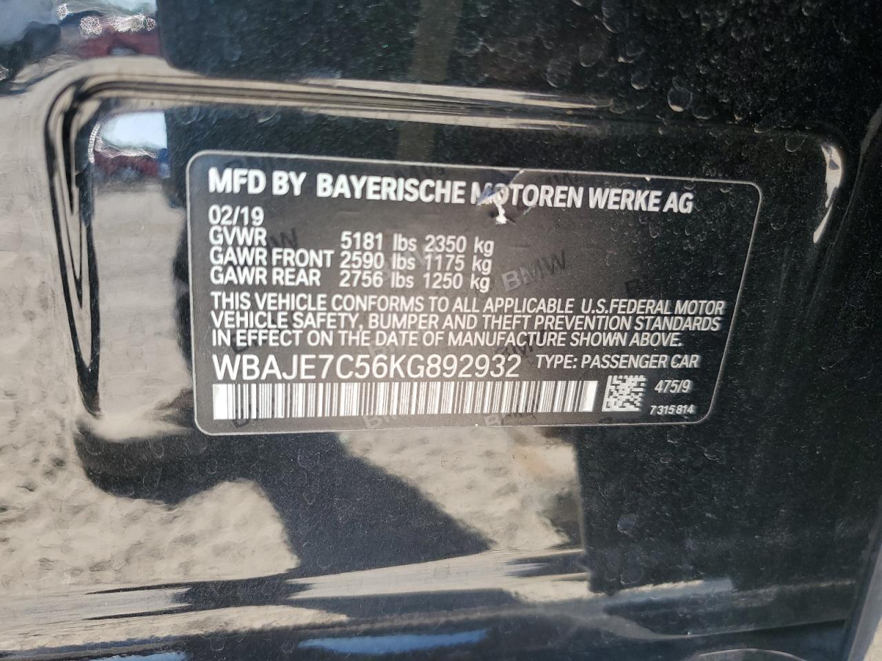2019 BMW 5er VIN WBAJE7C56KG892932 Copart auction photo, front end damage thumbnail 12