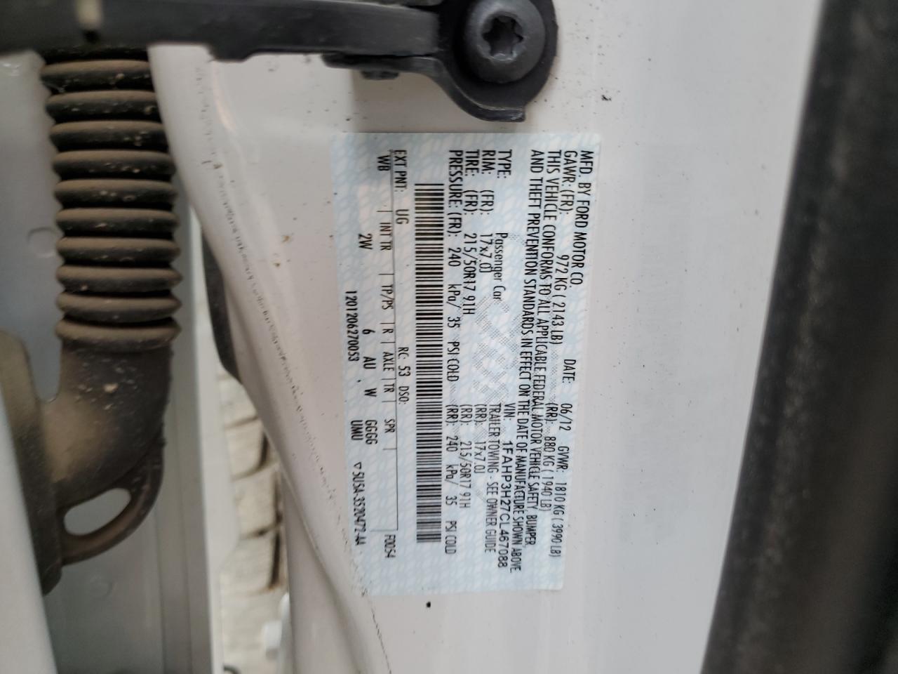 2012 Ford Focus VIN 1FAHP3H27CL467088 Copart auction photo, hail / mechanical damage thumbnail 12