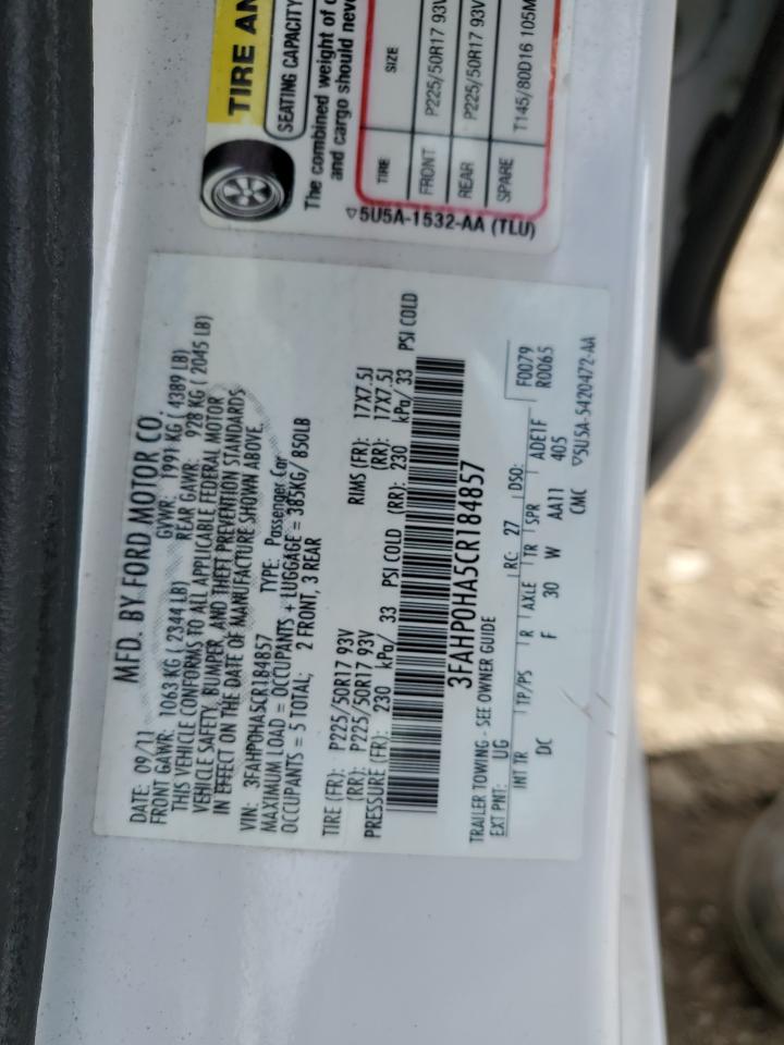 2012 Ford Fusion VIN 3FAHP0HA5CR184857 Copart auction photo, front end / minor dent/scratches damage thumbnail 14