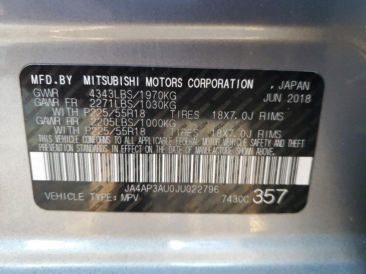 2018 Mitsubishi Outlander VIN JA4AP3AU0JU022796 Copart auction photo, front end / rear end damage thumbnail 14