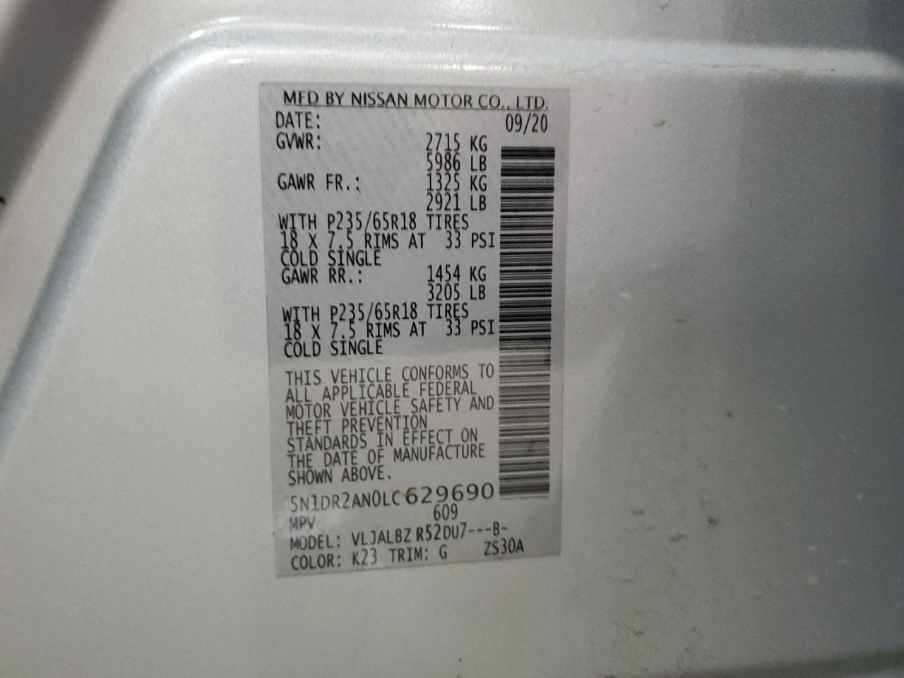 2020 Nissan Pathfinder VIN 5N1DR2AN0LC629690 Copart auction photo, all over damage thumbnail 13