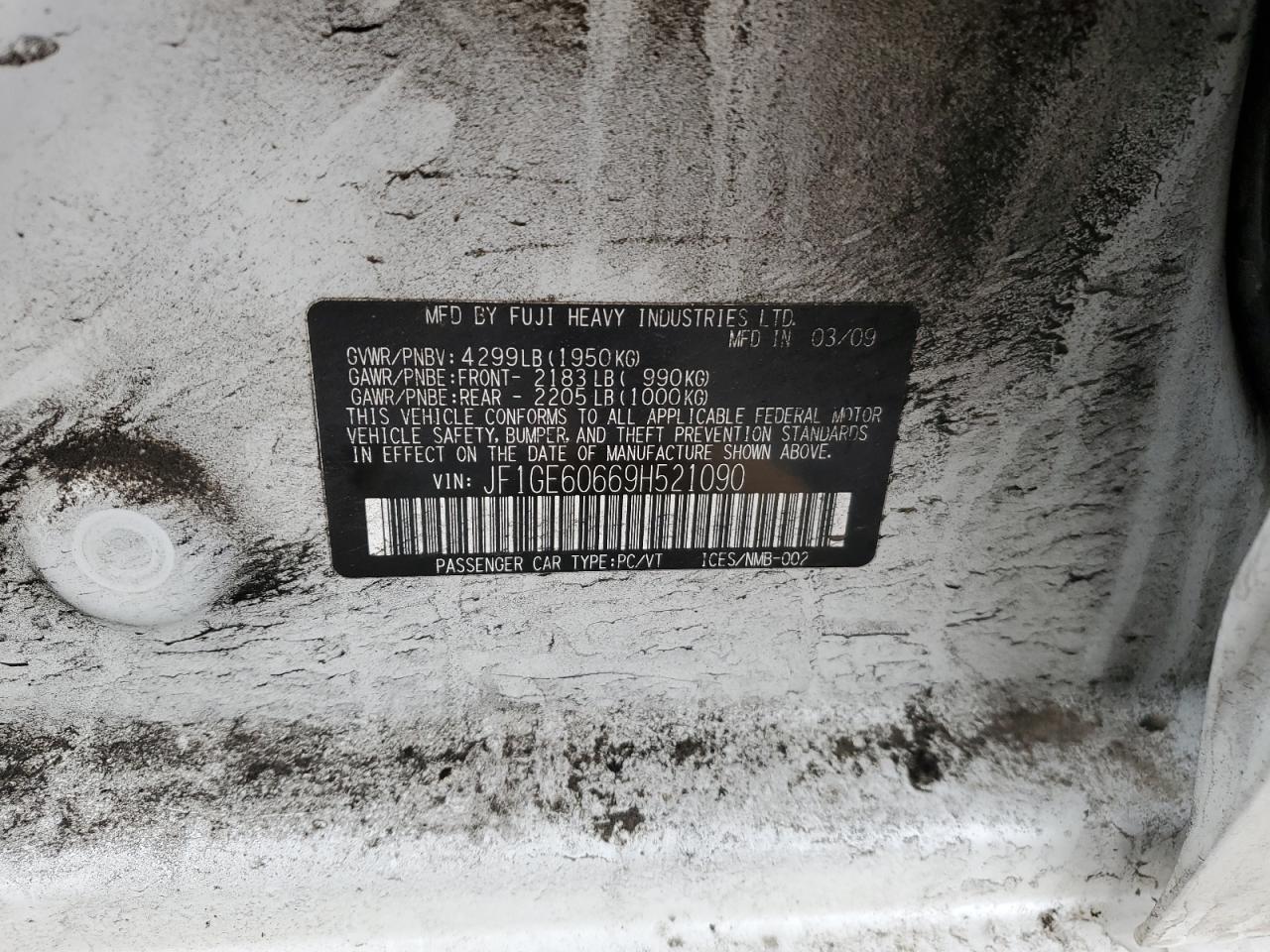 2009 Subaru Impreza VIN JF1GE60669H521090 Copart auction photo, front end damage thumbnail 14