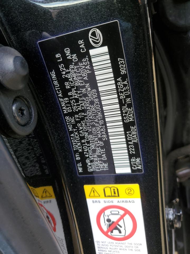 2019 Lexus ES VIN 58ABZ1B19KU038109 Copart auction photo, front end damage thumbnail 12