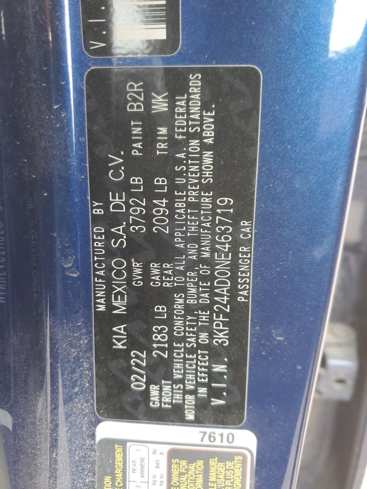 2022 KIA Forte VIN 3KPF24AD0NE463719 Copart auction photo, front end damage thumbnail 12