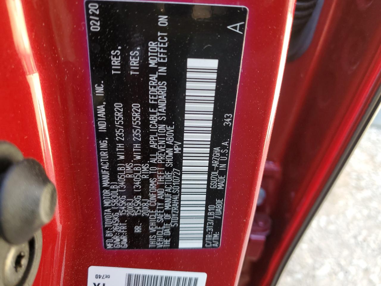 2020 Toyota Highlander VIN 5TDYZRAH4LS010727 Copart auction photo, front end damage thumbnail 14