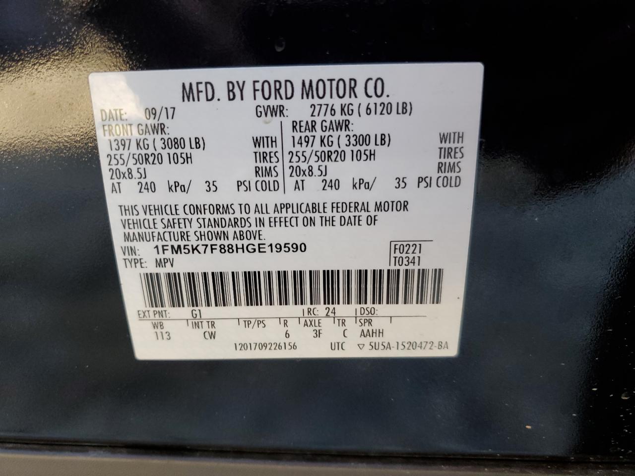 2017 Ford Explorer VIN 1FM5K7F88HGE19590 Copart auction photo, top/roof damage thumbnail 13