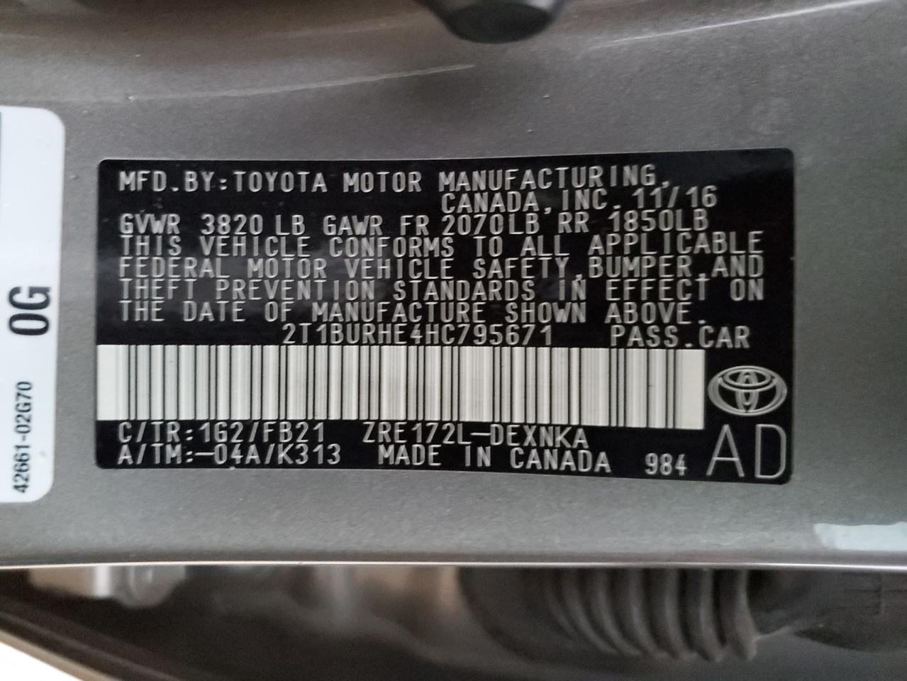 2017 Toyota Corolla VIN 2T1BURHE4HC795671 Copart auction photo, rear end / undercarriage damage thumbnail 14