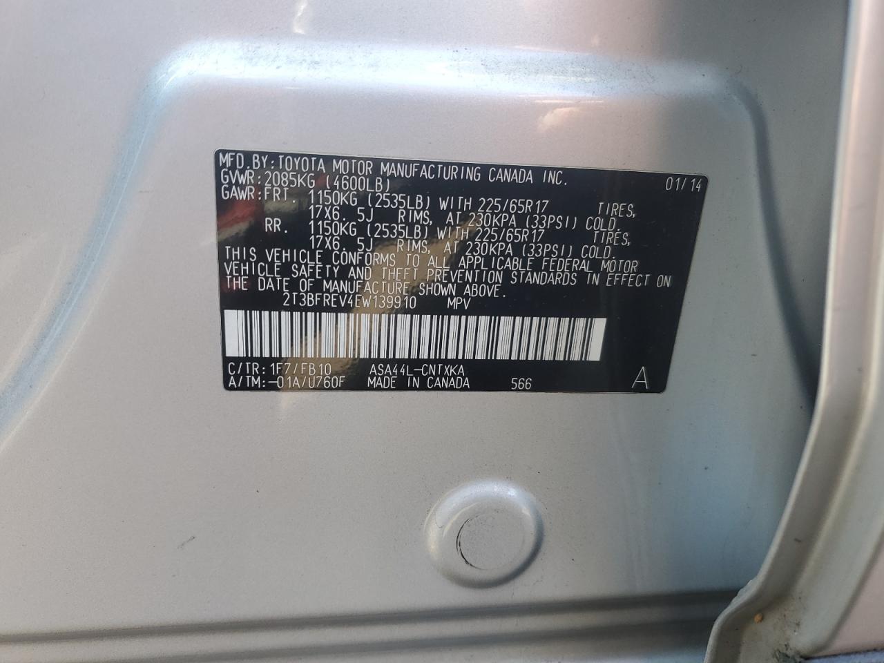 2014 Toyota RAV 4 VIN 2T3BFREV4EW139910 Copart auction photo, front end damage thumbnail 13