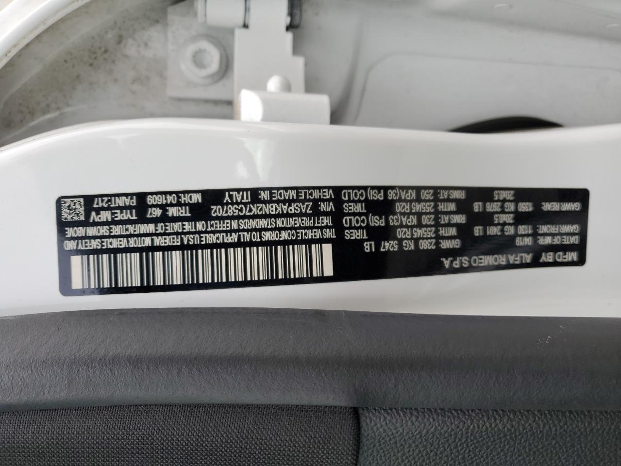 2019 Alfa Romeo Stelvio VIN ZASPAKBN2K7C58702 Copart auction photo, rear end damage thumbnail 14