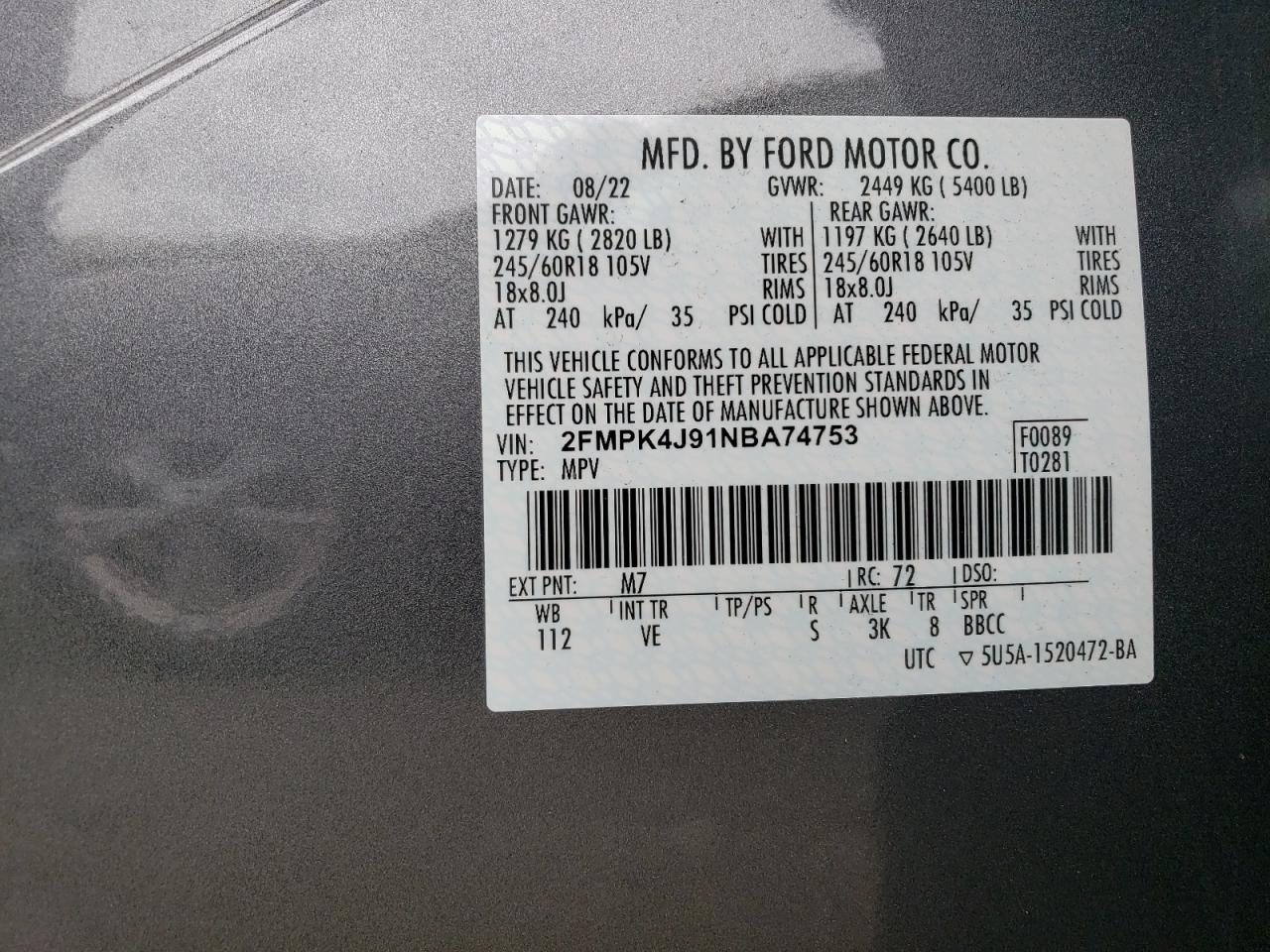 2022 Ford Edge VIN 2FMPK4J91NBA74753 Copart auction photo, front end damage thumbnail 12