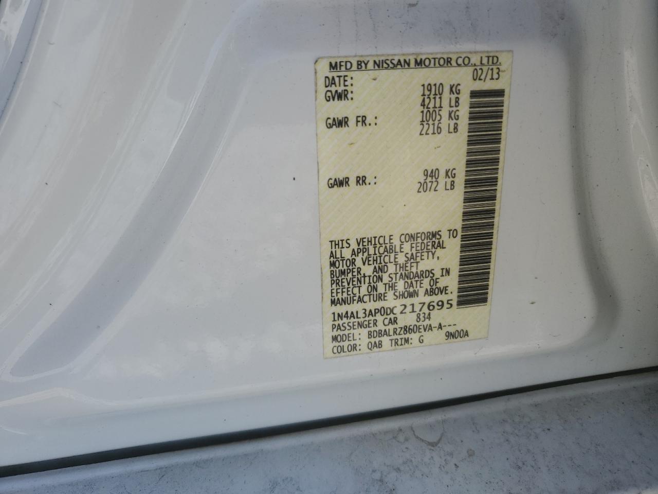 2013 Nissan Altima VIN 1N4AL3AP0DC217695 Copart auction photo, front end damage thumbnail 14