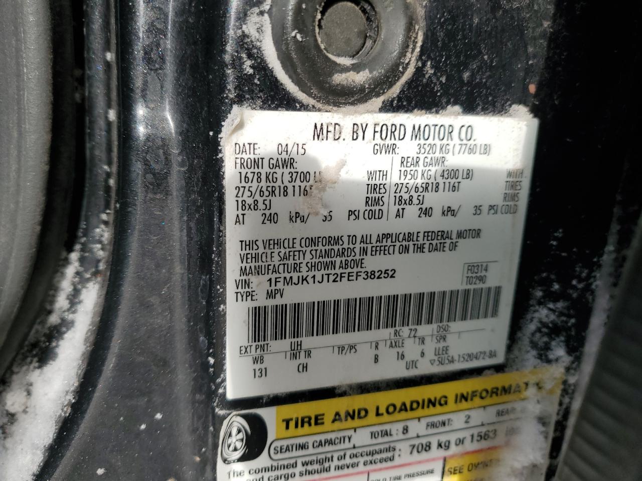 2015 Ford Expedition VIN 1FMJK1JT2FEF38252 Copart auction photo, front end damage thumbnail 13