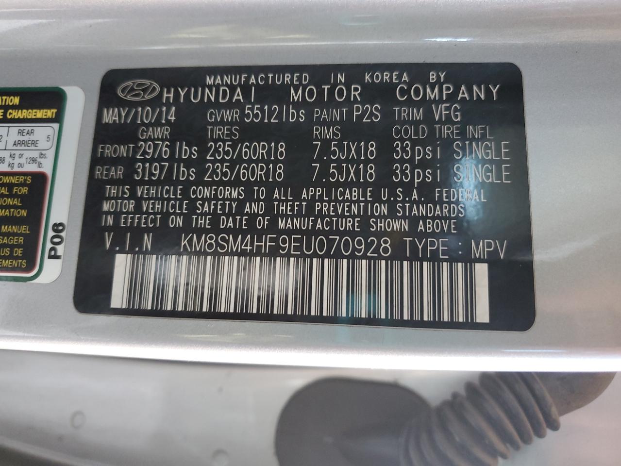 2014 Hyundai Santa Fe VIN KM8SM4HF9EU070928 Copart auction photo, mechanical damage thumbnail 13