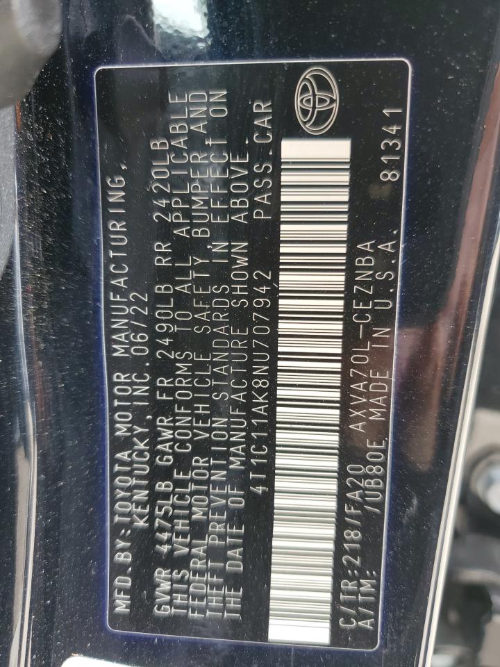 2022 Toyota Camry VIN 4T1C11AK8NU707942 Copart auction photo, front end damage thumbnail 15