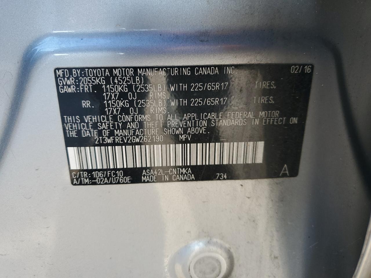 2016 Toyota RAV 4 VIN 2T3WFREV2GW262190 Copart auction photo, front end / mechanical damage thumbnail 12