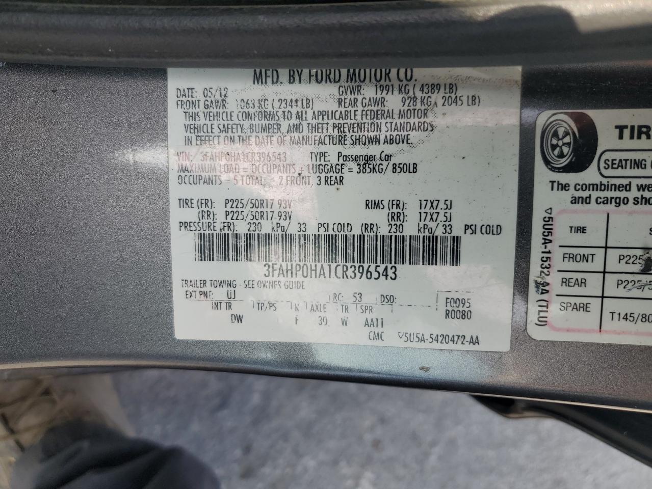2012 Ford Fusion VIN 3FAHP0HA1CR396543 Copart auction photo, front end damage thumbnail 13