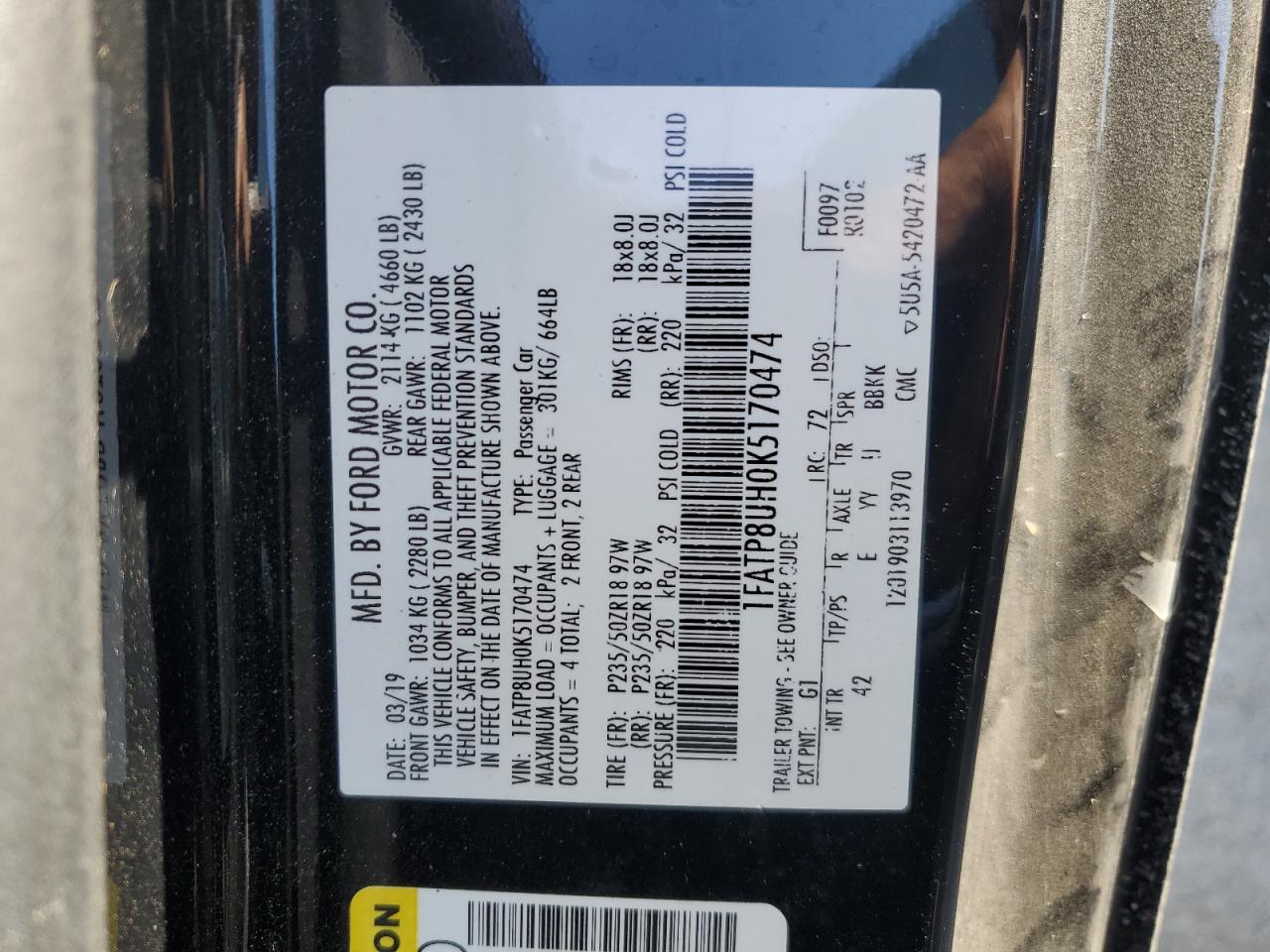 2019 Ford Mustang VIN 1FATP8UH0K5170474 Copart auction photo, front end / minor dent/scratches damage thumbnail 14