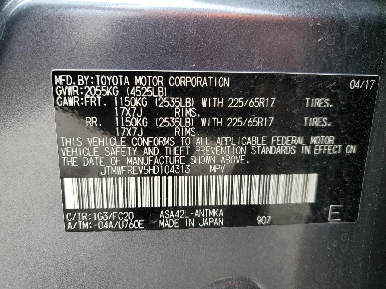 2017 Toyota RAV 4 VIN JTMWFREV5HD104313 Copart auction photo, front end / rear end damage thumbnail 13