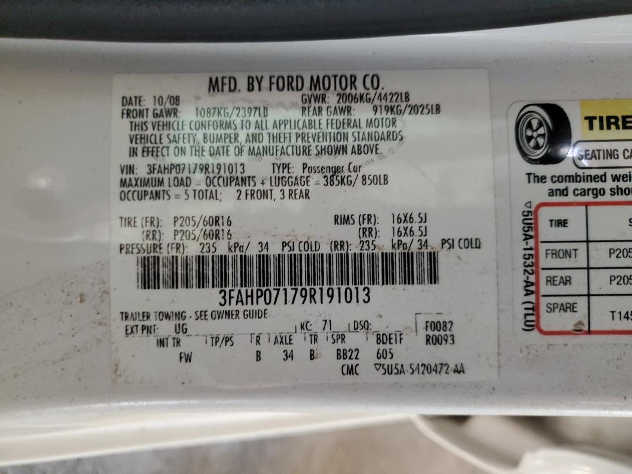 2009 Ford Fusion VIN 3FAHP07179R191013 Copart auction photo, front end / rear end damage thumbnail 12