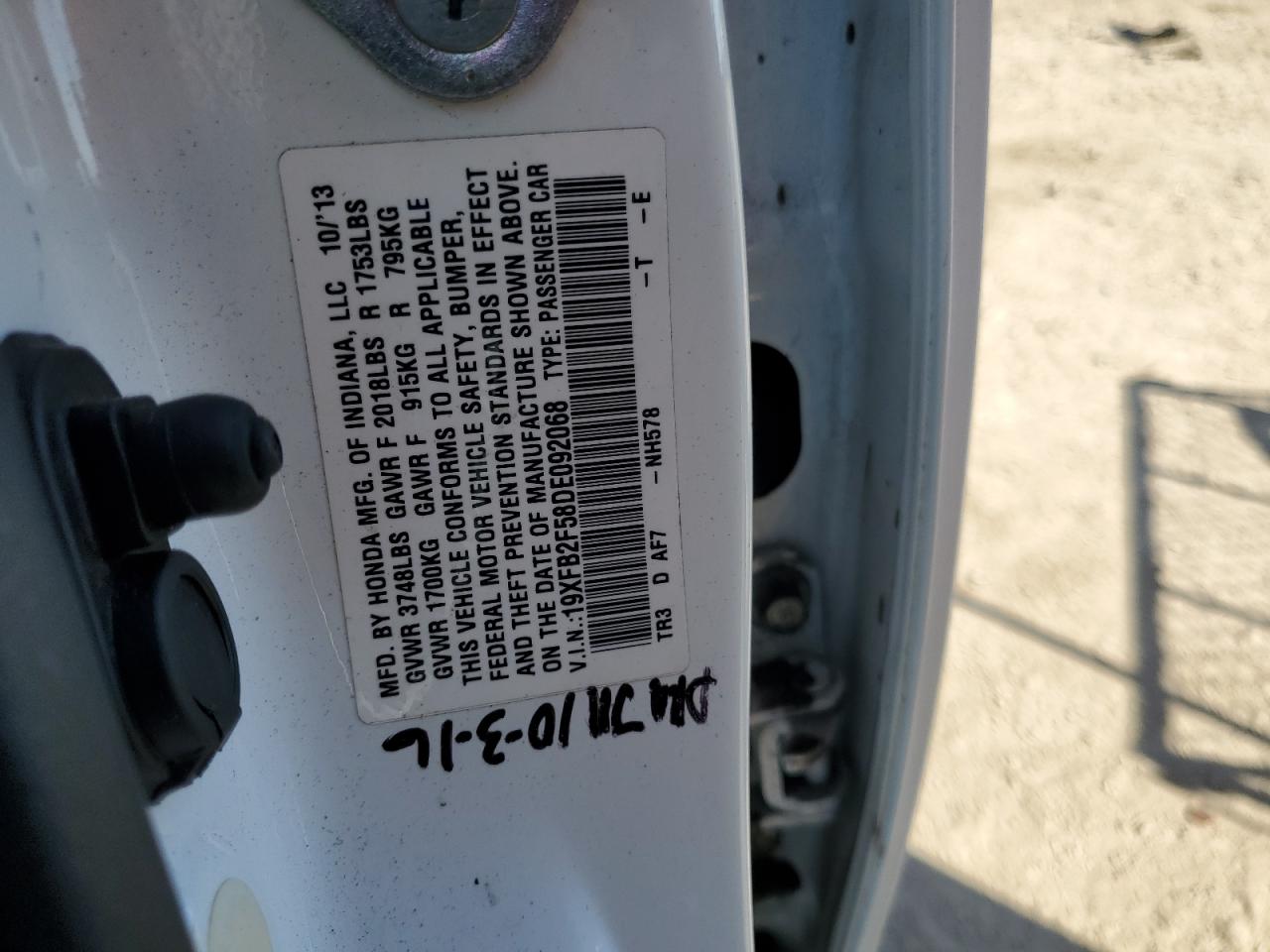 2013 Honda Civic VIN 19XFB2F58DE092068 Copart auction photo, front end damage thumbnail 12