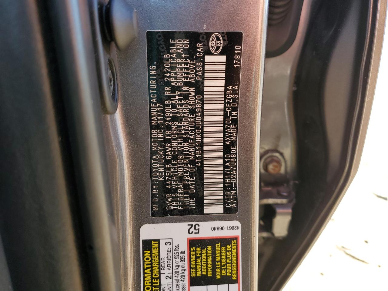 2018 Toyota Camry VIN 4T1B11HK0JU049870 Copart auction photo, front end damage thumbnail 12