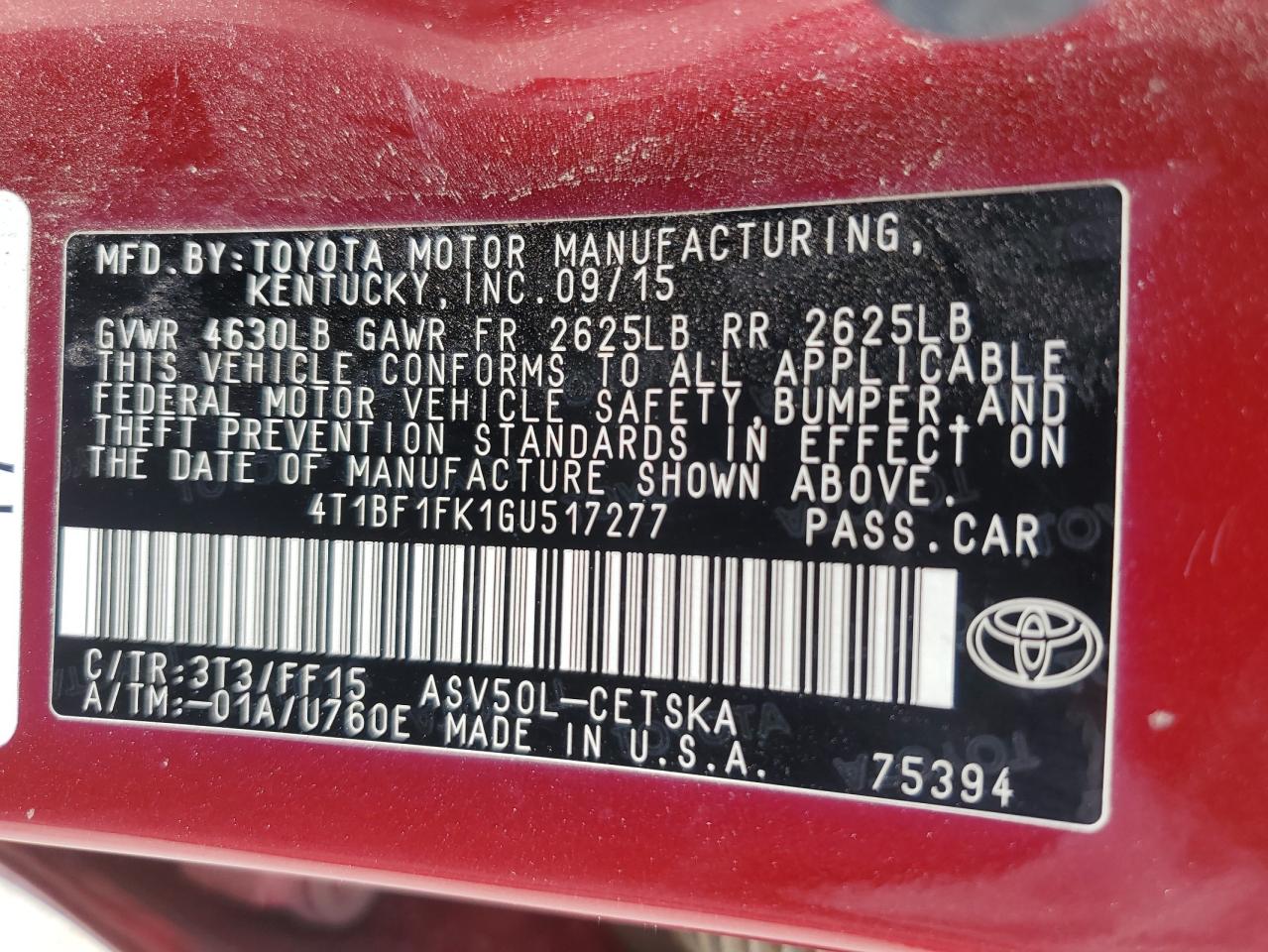 2016 Toyota Camry VIN 4T1BF1FK1GU517277 Copart auction photo, front end / side damage thumbnail 14