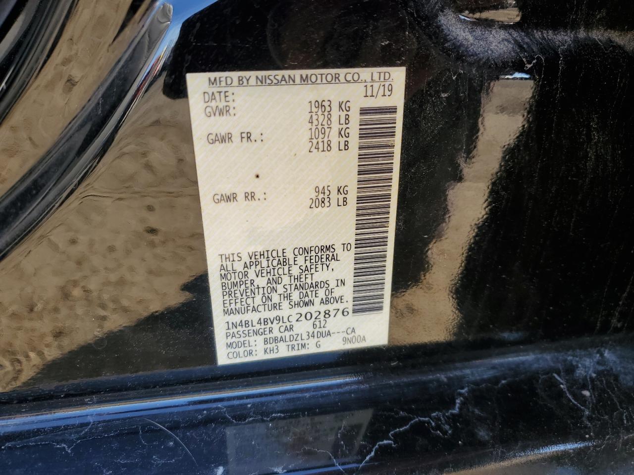 2020 Nissan Altima VIN 1N4BL4BV9LC202876 Copart auction photo, front end damage thumbnail 14