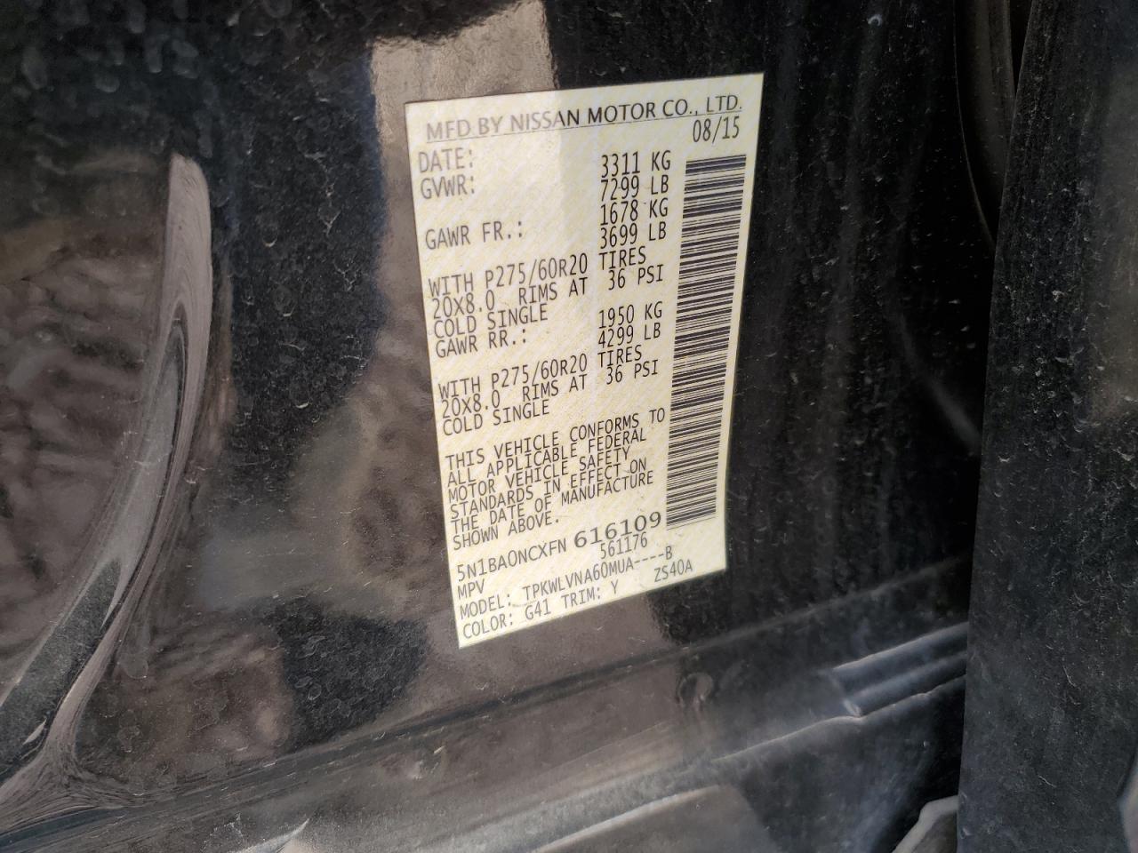 2015 Nissan Armada VIN 5N1BA0NCXFN616109 Copart auction photo, front end damage thumbnail 14