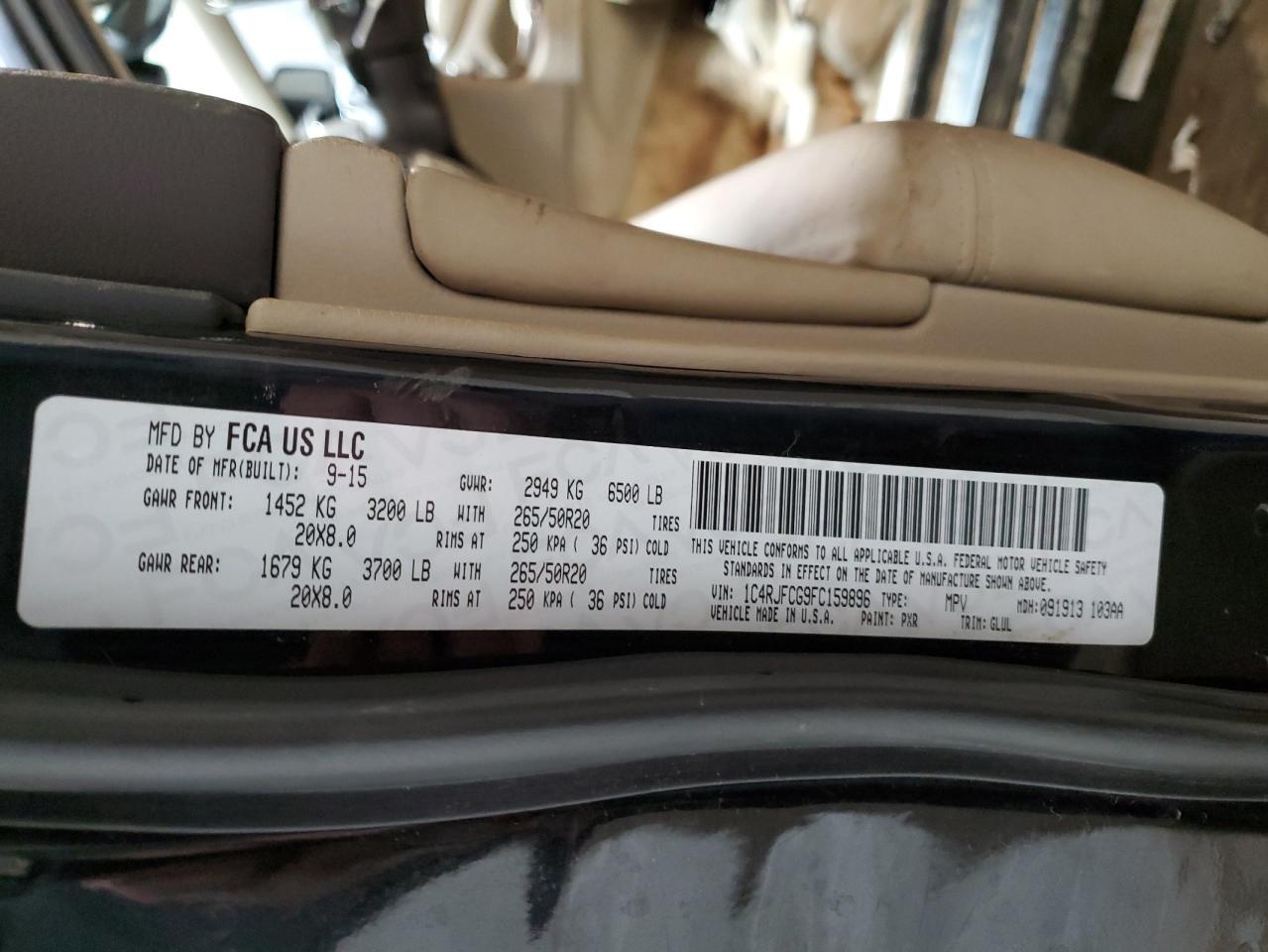 2015 Jeep Grand Cherokee VIN 1C4RJFCG9FC159896 Copart auction photo, front end / side damage thumbnail 16