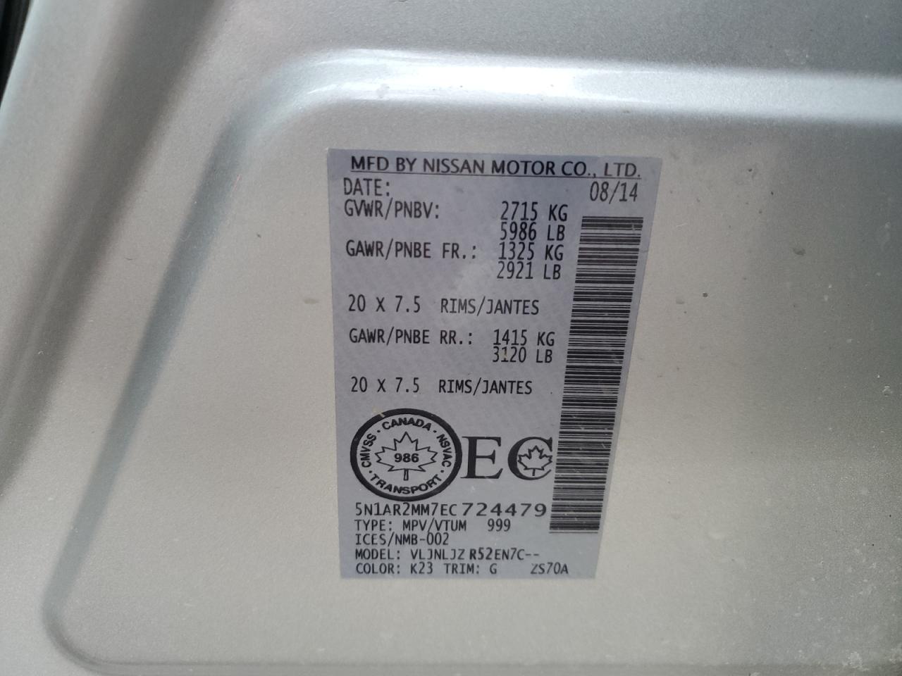 2014 Nissan Pathfinder VIN 5N1AR2MM7EC724479 Copart auction photo, front end / undercarriage damage thumbnail 13