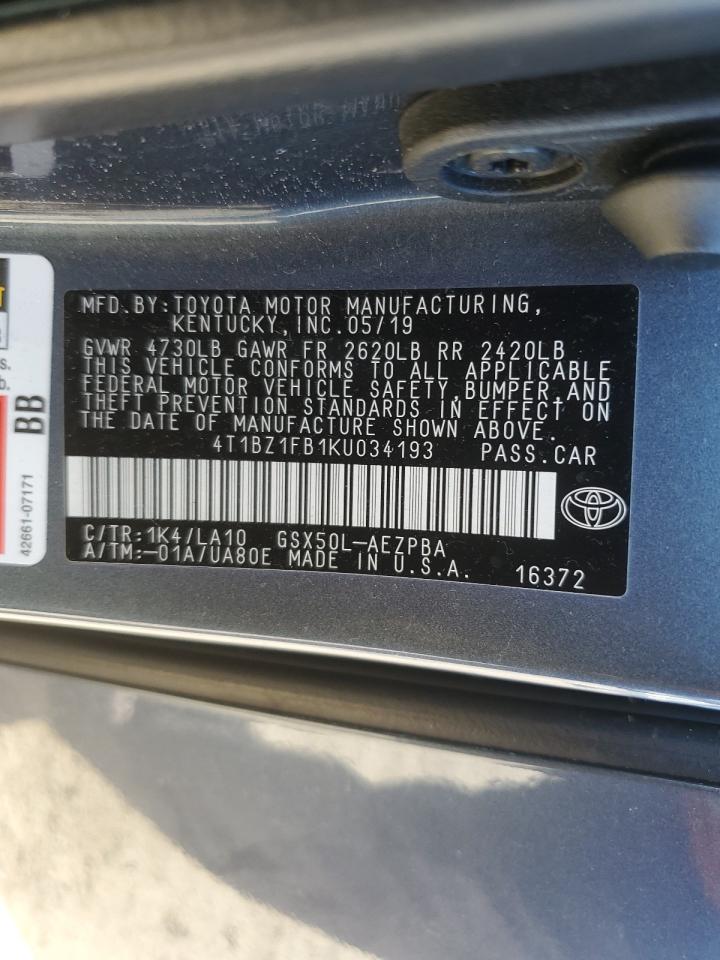 2019 Toyota Avalon VIN 4T1BZ1FB1KU034193 Copart auction photo, front end / side damage thumbnail 13