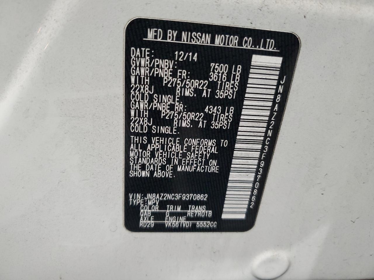 2015 Infiniti QX80 VIN JN8AZ2NC3F9370862 Copart auction photo, minor dent/scratches damage thumbnail 13