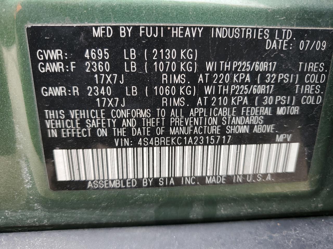 2010 Subaru Outback VIN 4S4BREKC1A2315717 Copart auction photo, front end damage thumbnail 14