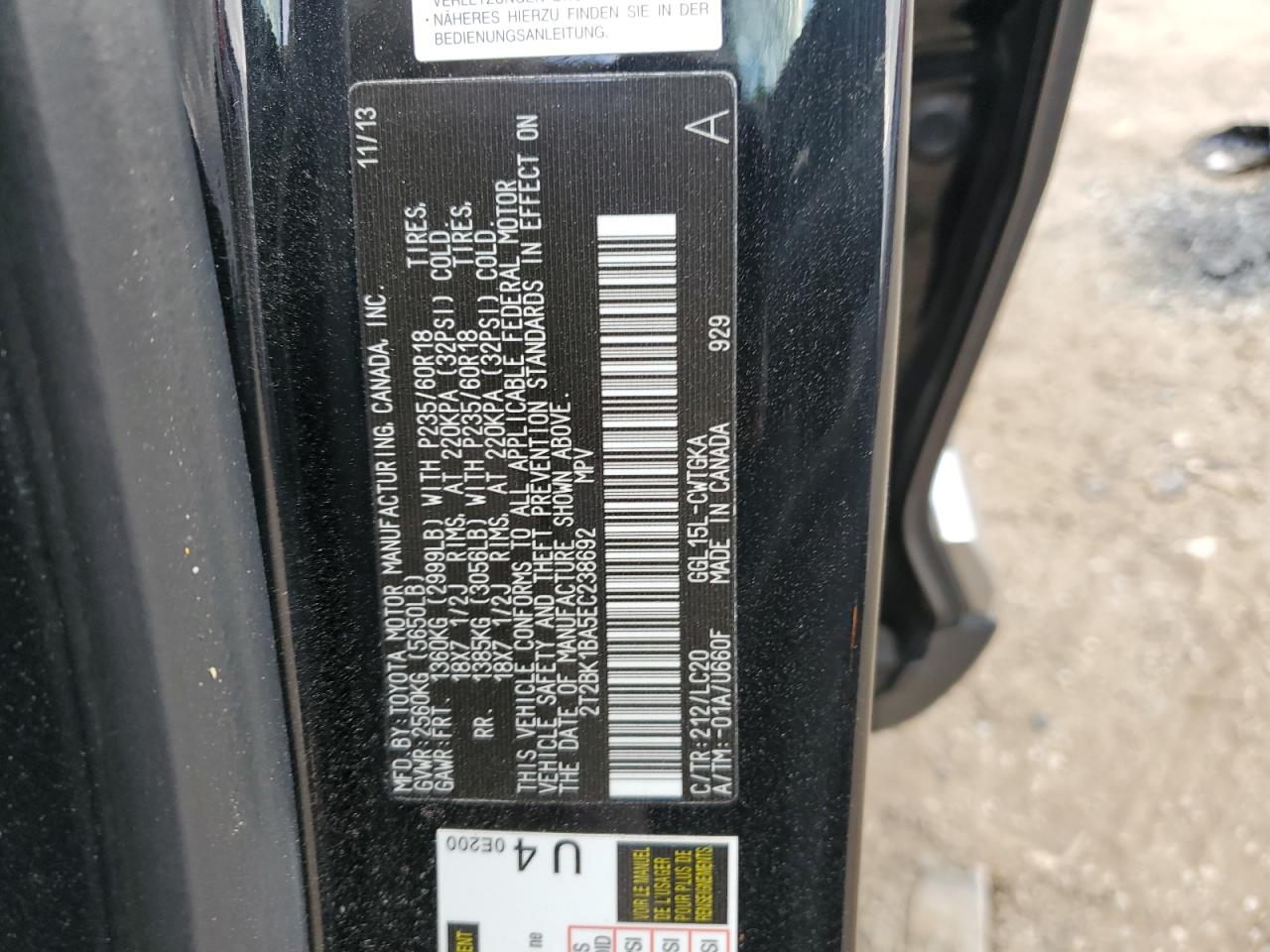 2014 Lexus RX VIN 2T2BK1BA5EC238692 Copart auction photo, side / front end damage thumbnail 15